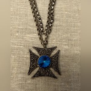 Vintage Blue and Silver Cross Pendant Necklace